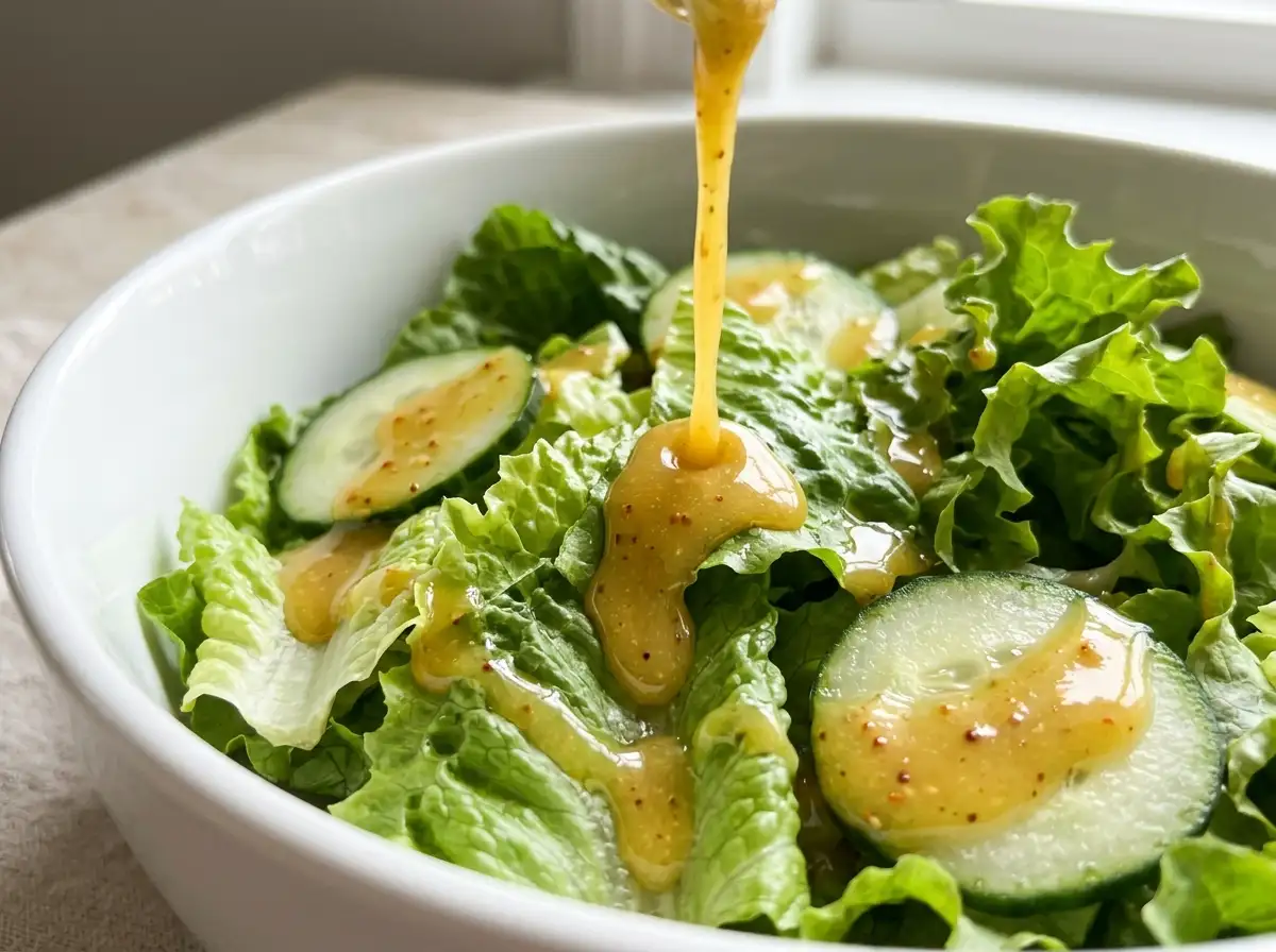 Honey mustard salad dressing drizzled over a fresh green salad
