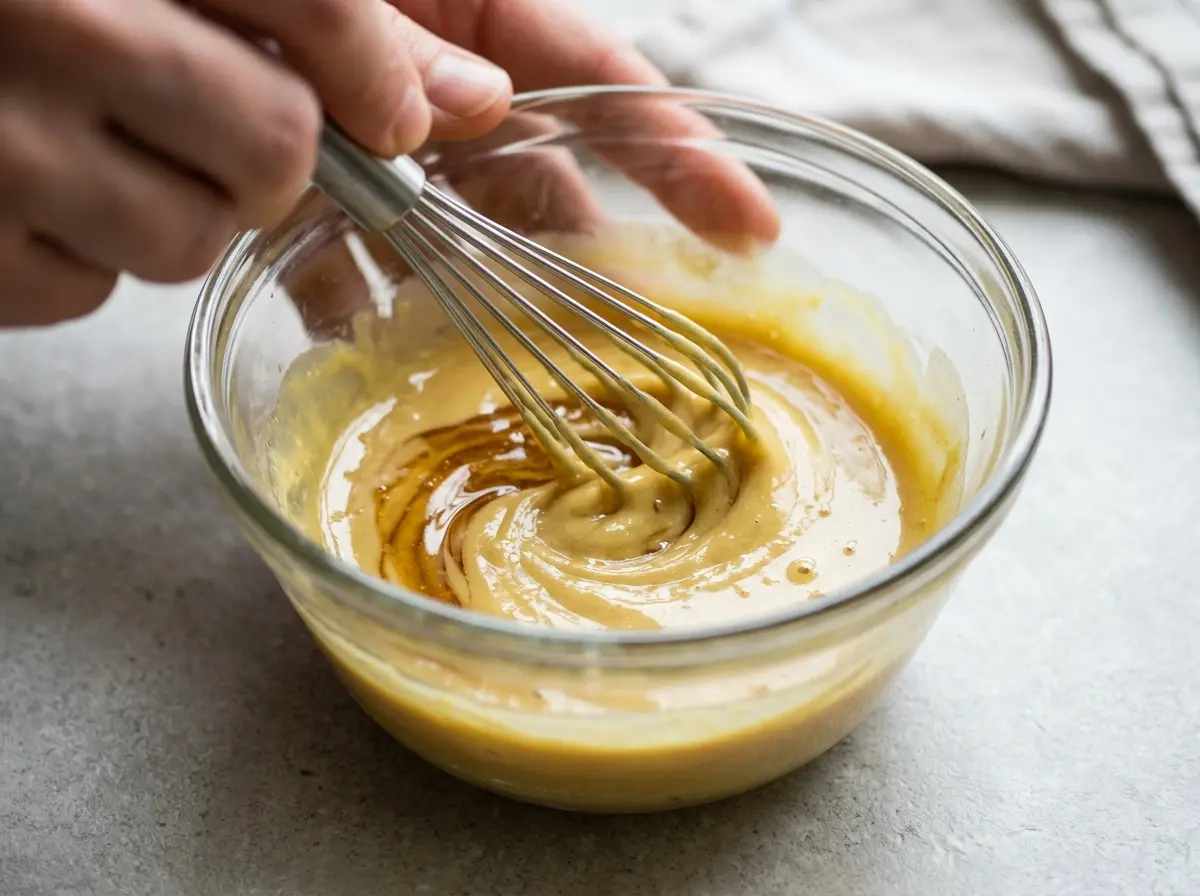 Honey and Dijon mustard mixed for honey mustard salad dressing