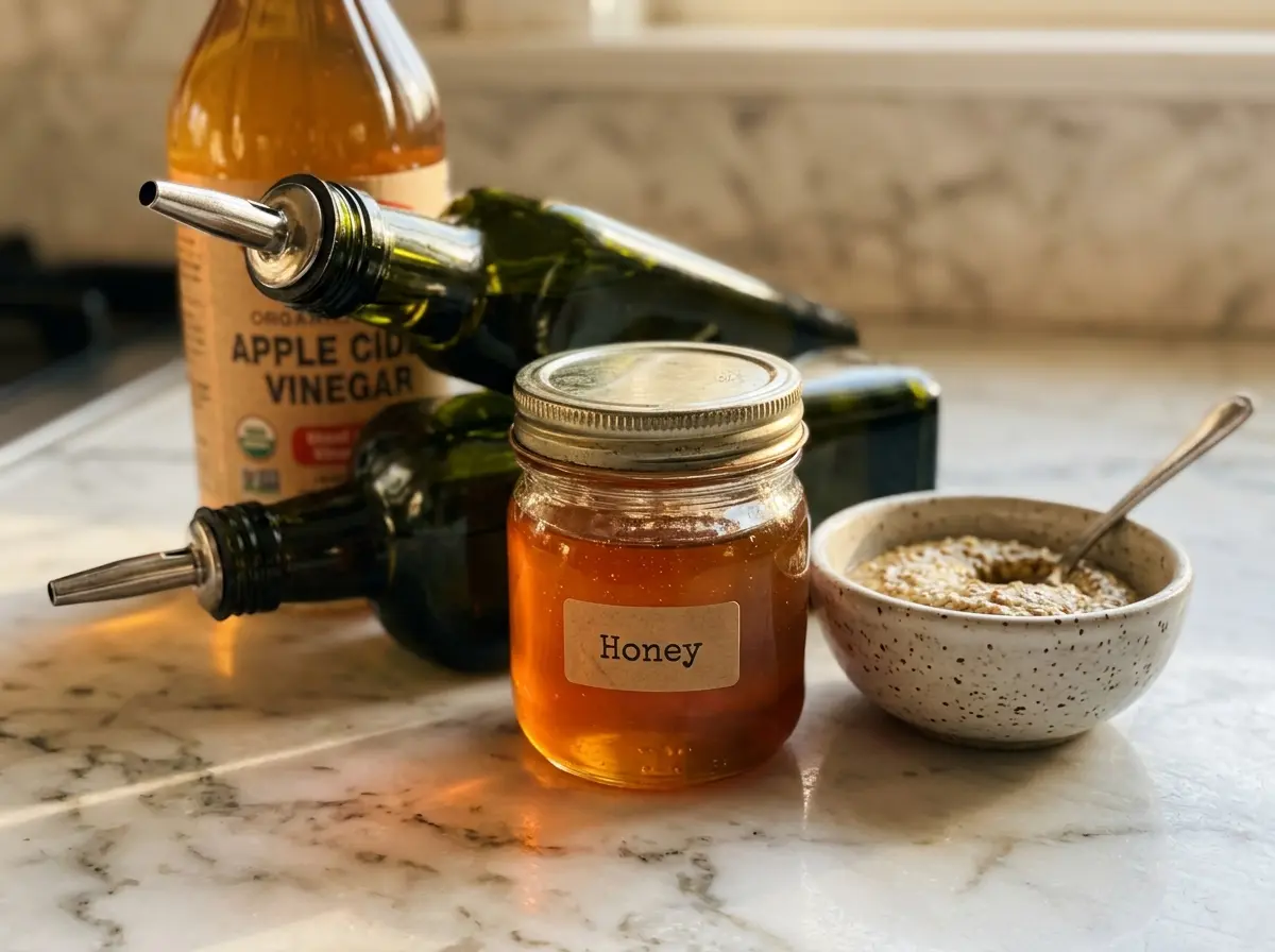 Four ingredients for honey mustard salad dressing on counter