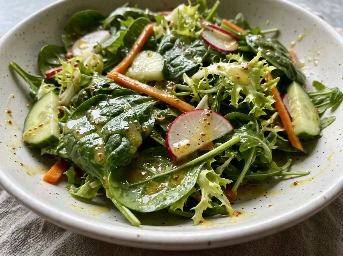 Finished honey mustard salad dressing served over a mixed green salad