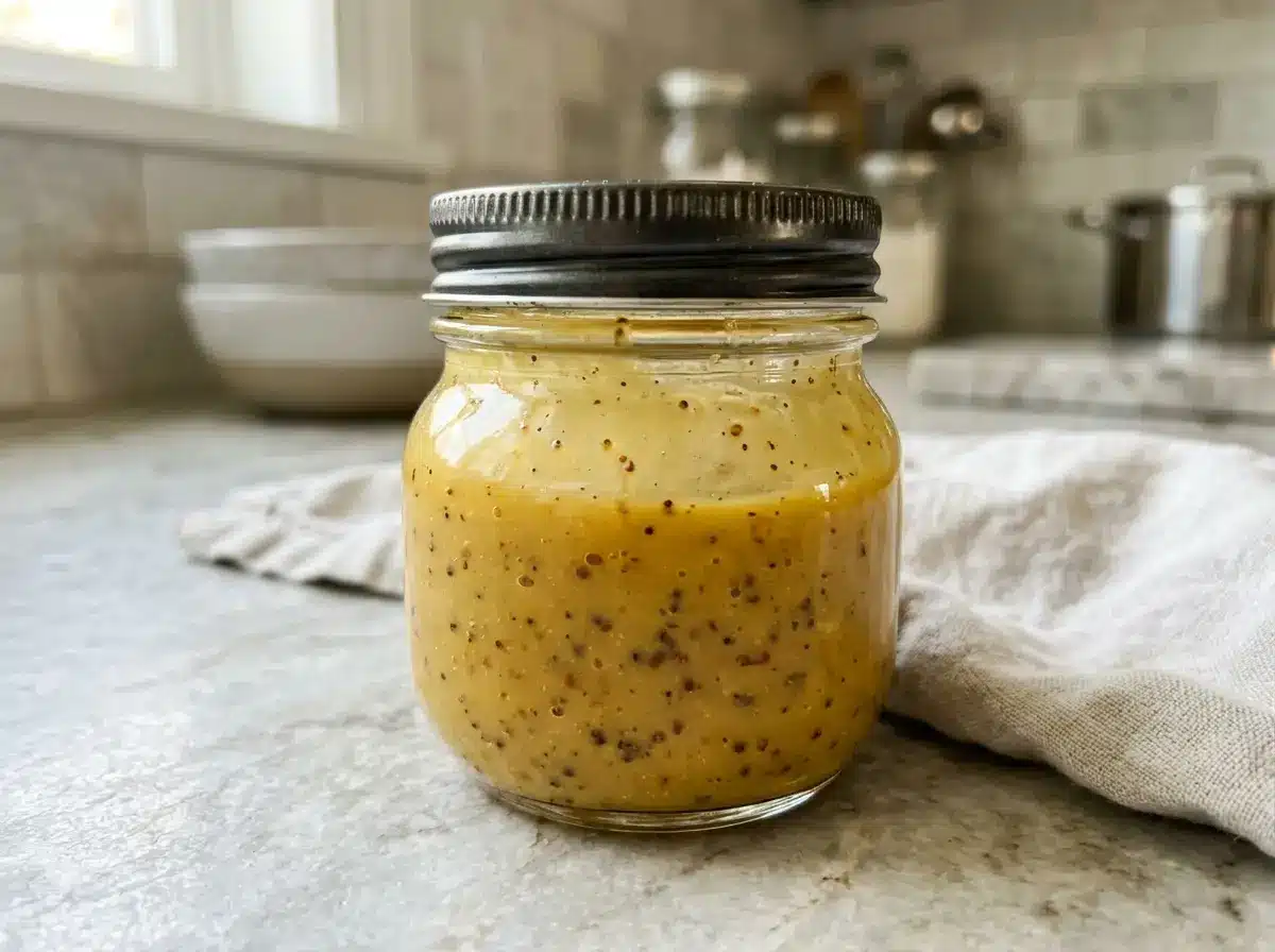 Honey mustard salad dressing shaken in a jar