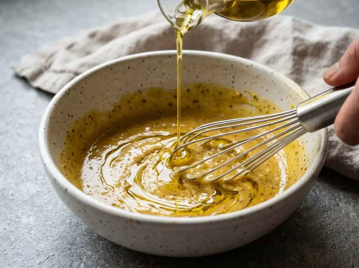 Olive oil whisked into honey mustard salad dressing