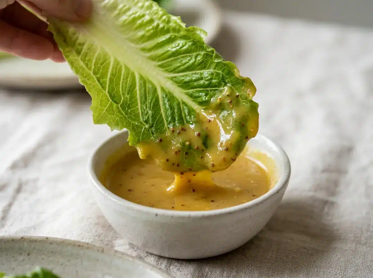 Tasting honey mustard salad dressing on a lettuce leaf