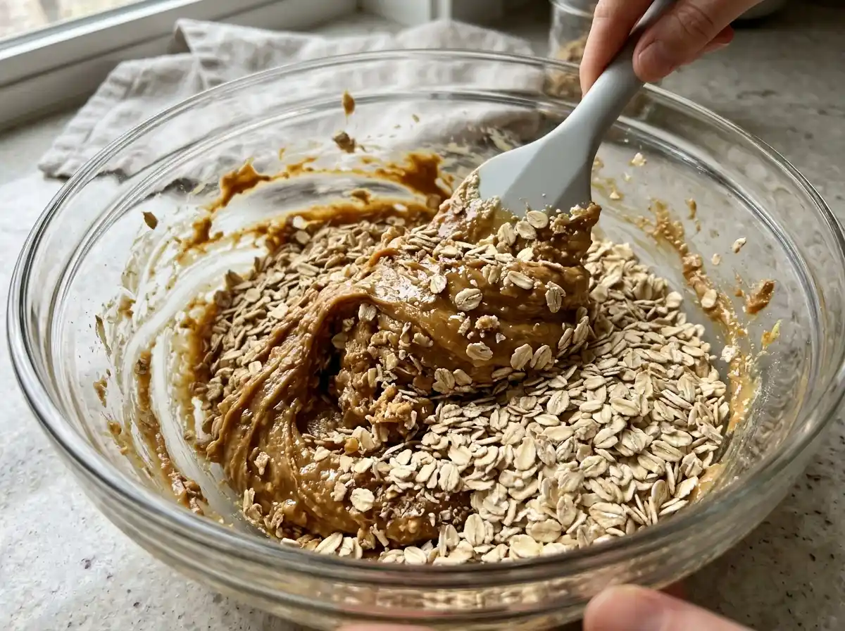 Rolled oats added to peanut butter and honey mixture