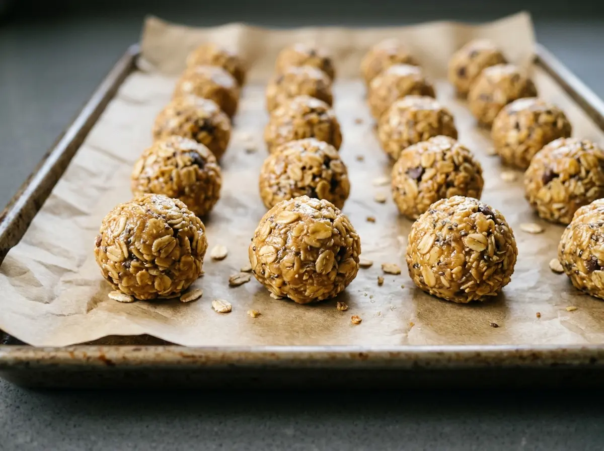 Honey peanut butter oatmeal balls on tray before chilling