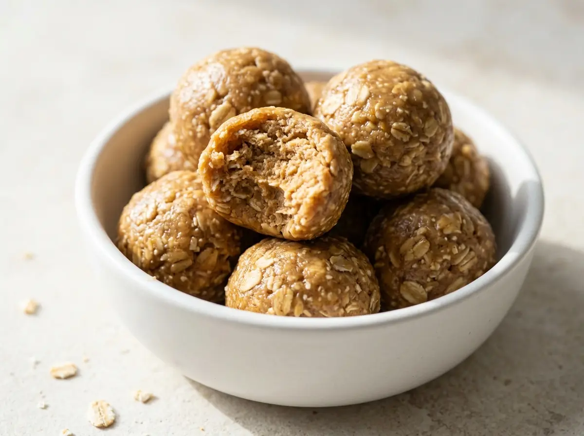 Honey peanut butter oatmeal balls stacked on a white plate