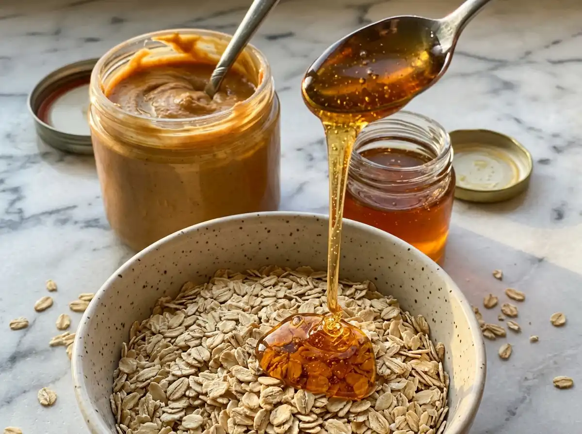 Ingredients for honey peanut butter oatmeal balls on counter