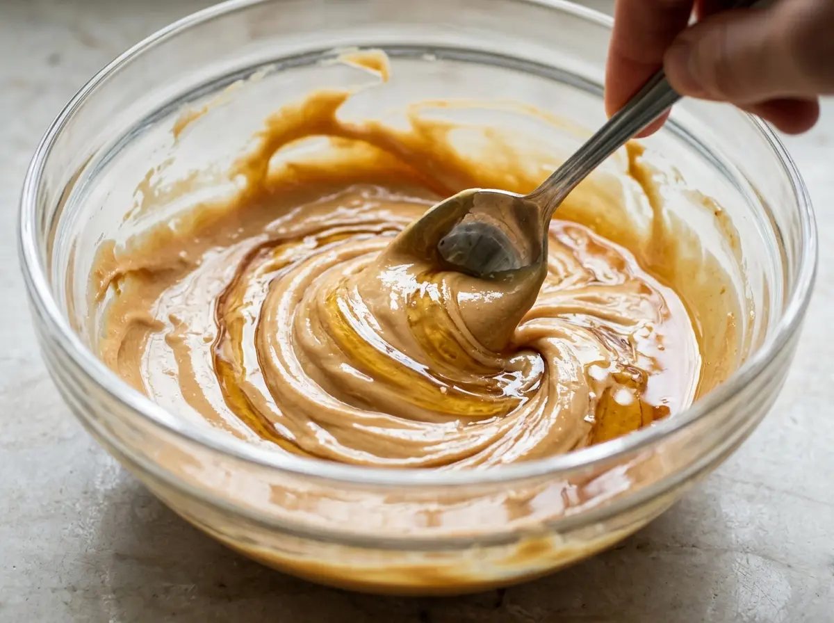 Peanut butter and honey mixed for honey peanut butter oatmeal balls