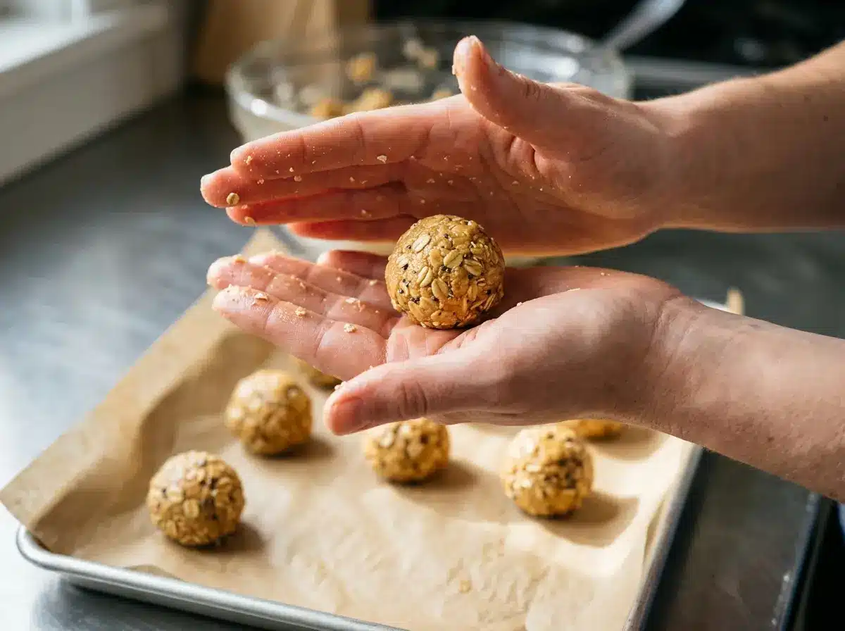Rolling honey peanut butter oatmeal balls by hand