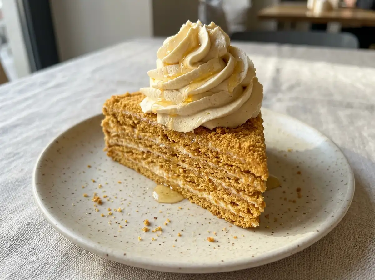 Honey whipped cream frosting on a slice of cake