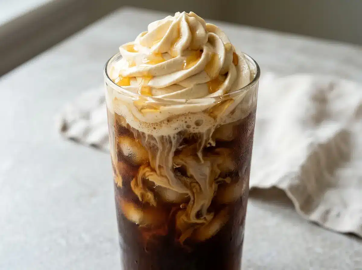 Honey whipped cream melting into a cup of coffee