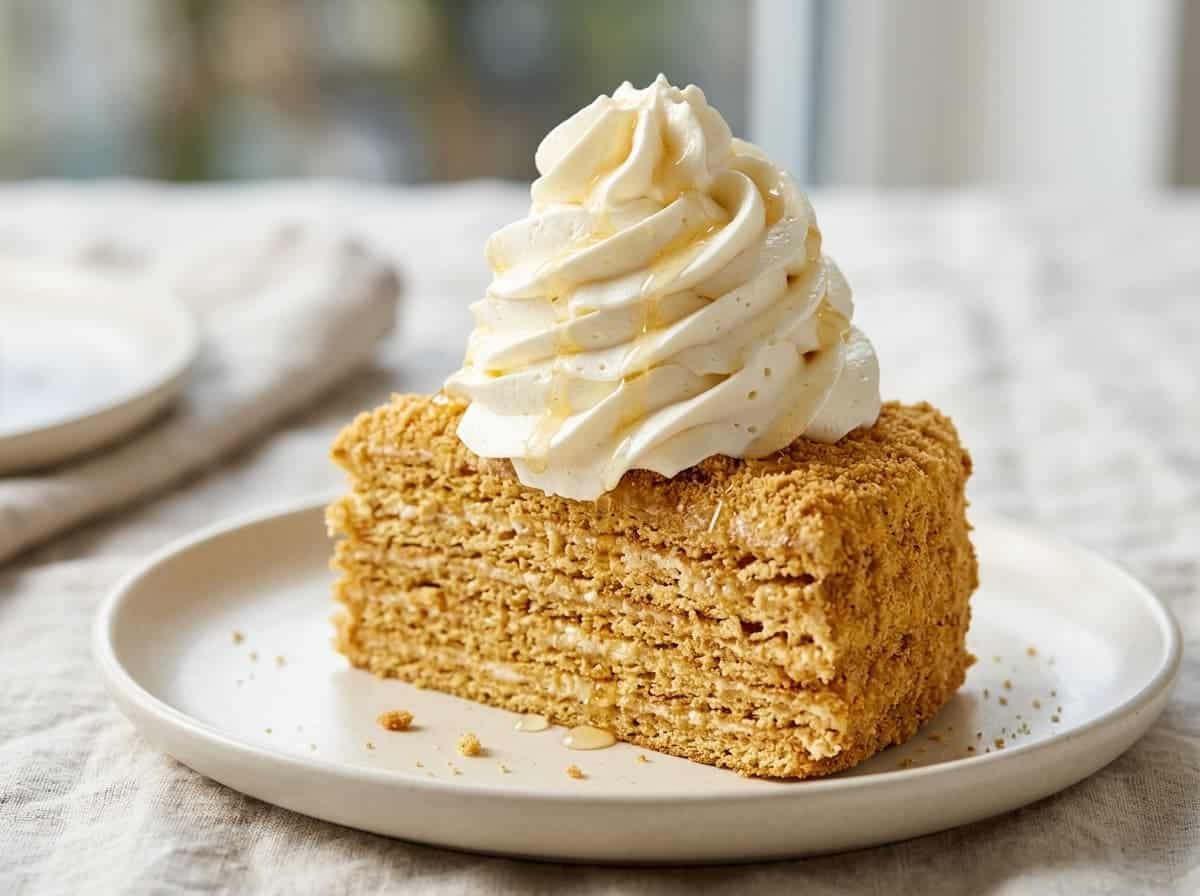 Honey whipped cream swirled on top of a slice of cake