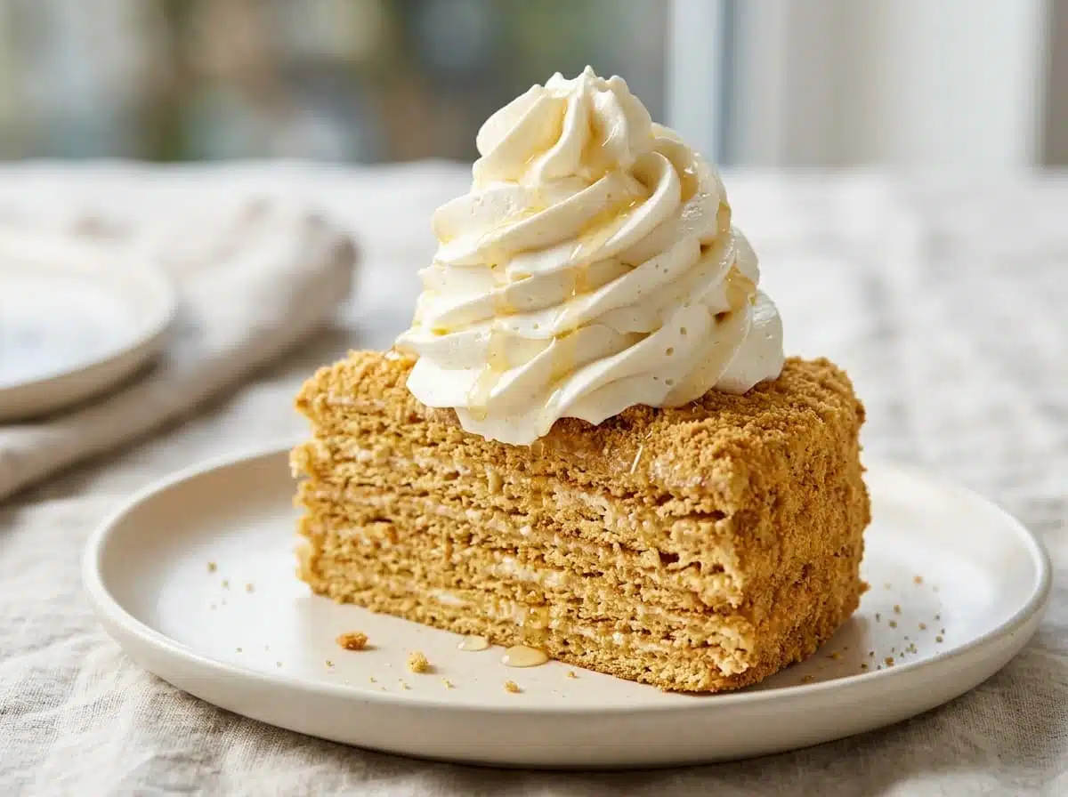 Honey whipped cream swirled on top of a slice of cake