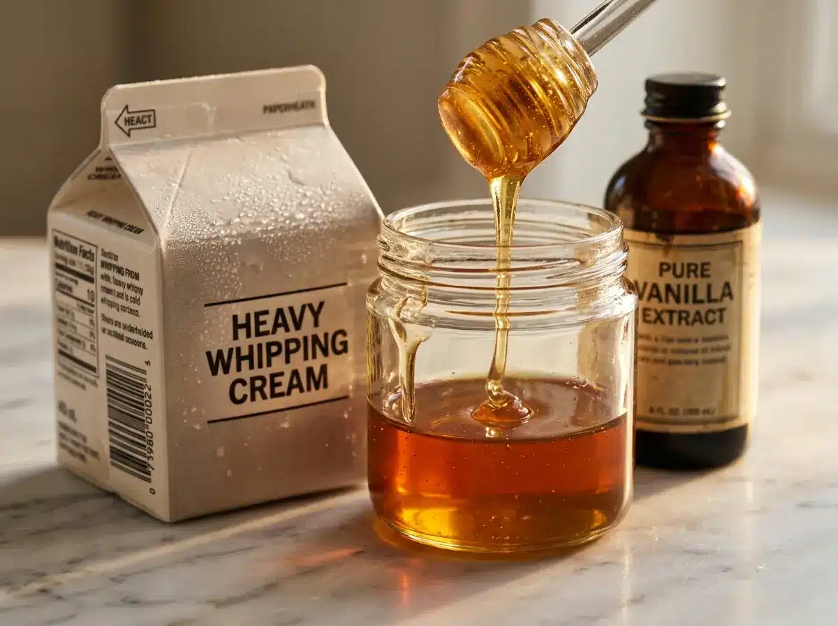 Ingredients for honey whipped cream on counter