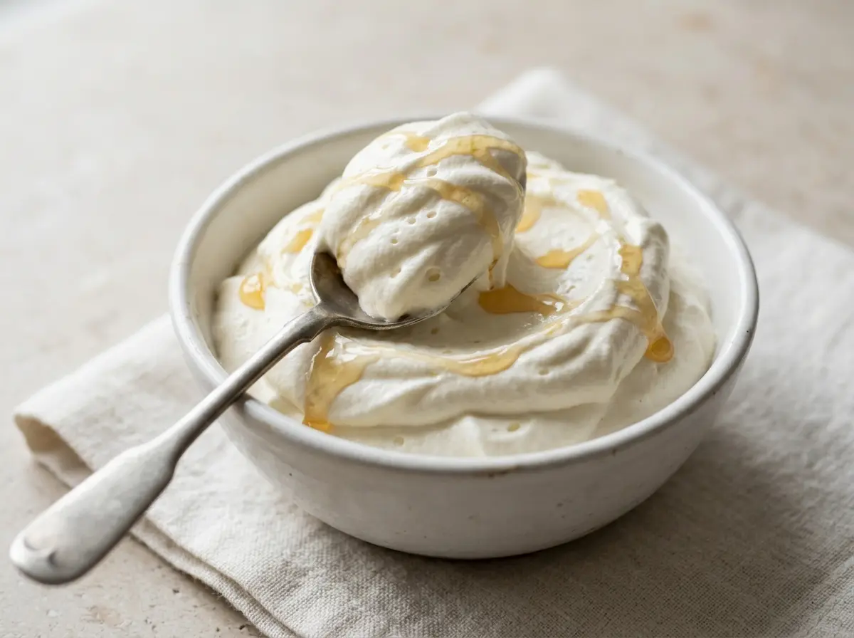 Honey whipped cream served in a small bowl with honey drizzle