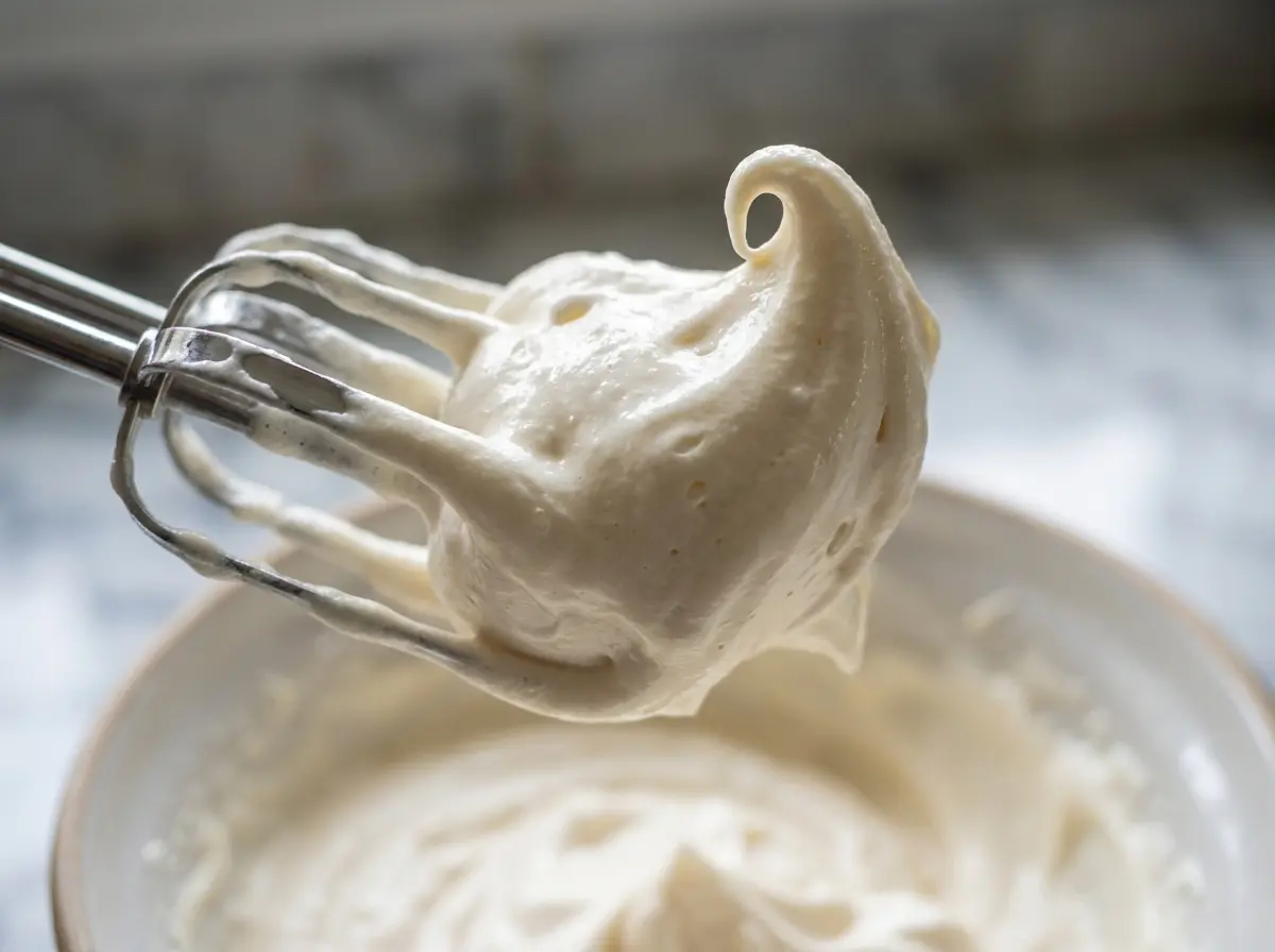 Soft peaks of honey whipped cream on a beater
