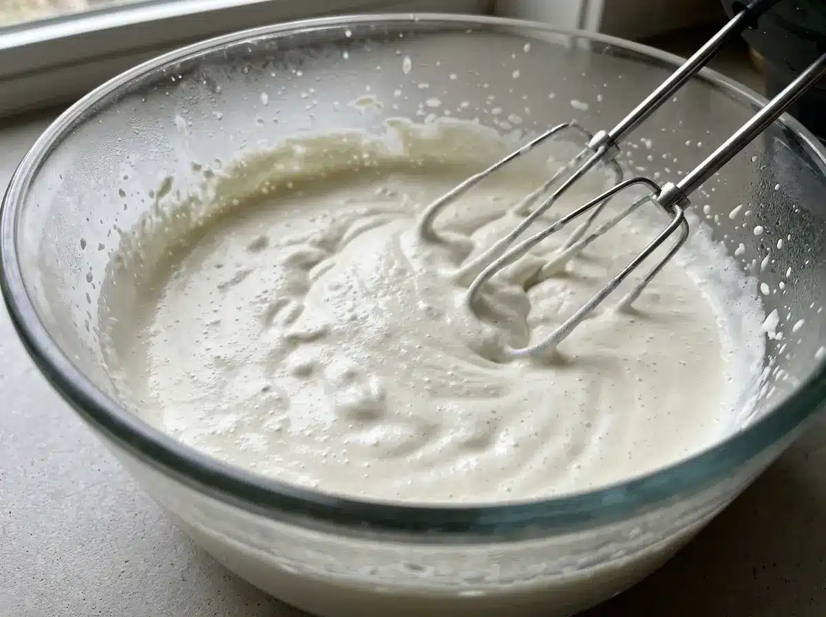 Heavy cream whipping in a chilled bowl for honey whipped cream